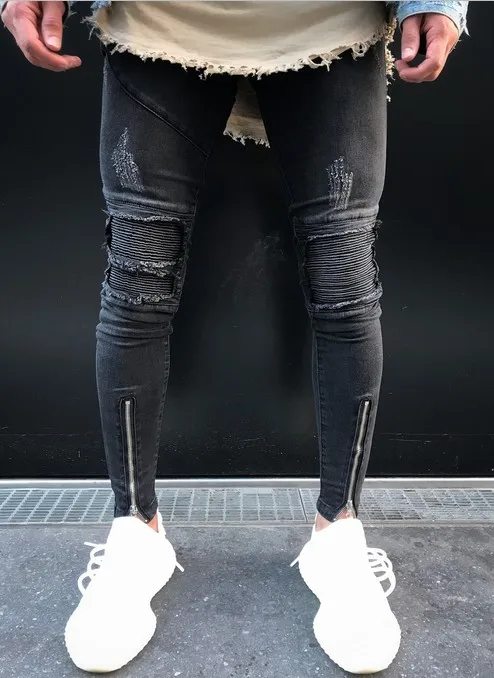 Neverfunction Ripped Knee Biker джинсы на молнии мужские мотоциклетные обтягивающие темно-серые стрейч мото джинсовые штаны джоггеры размера плюс 38 - Цвет: B11842 Dark gray