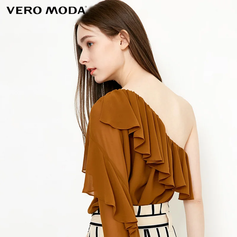 Vero Moda 2019 Весна Лето Новые диагональные вырез Гофрированные Рукава шифоновая