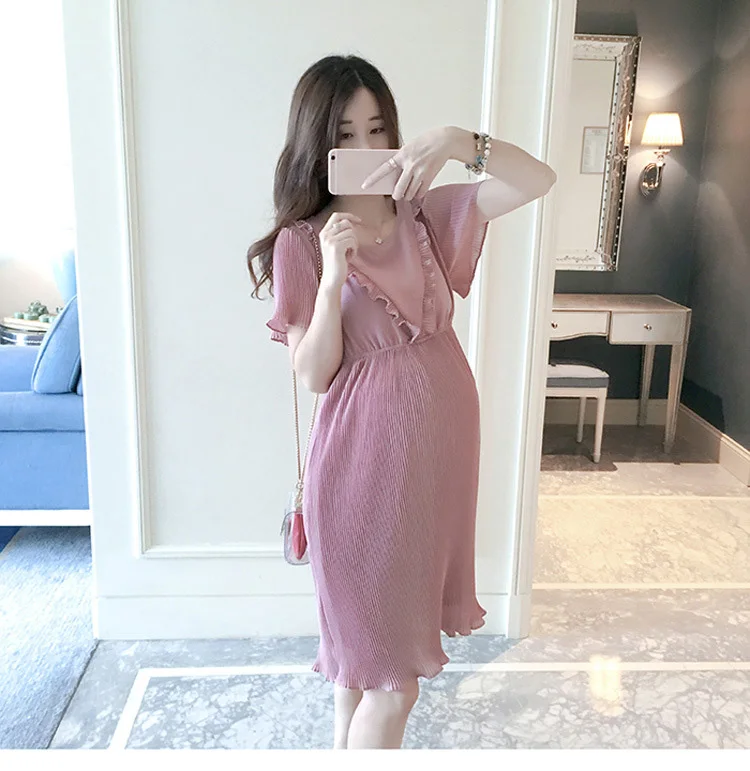 Летний корейский Беременность свободное платье плюс Размеры Мода шифон Беременные Для женщин элегантные платья для беременных модная