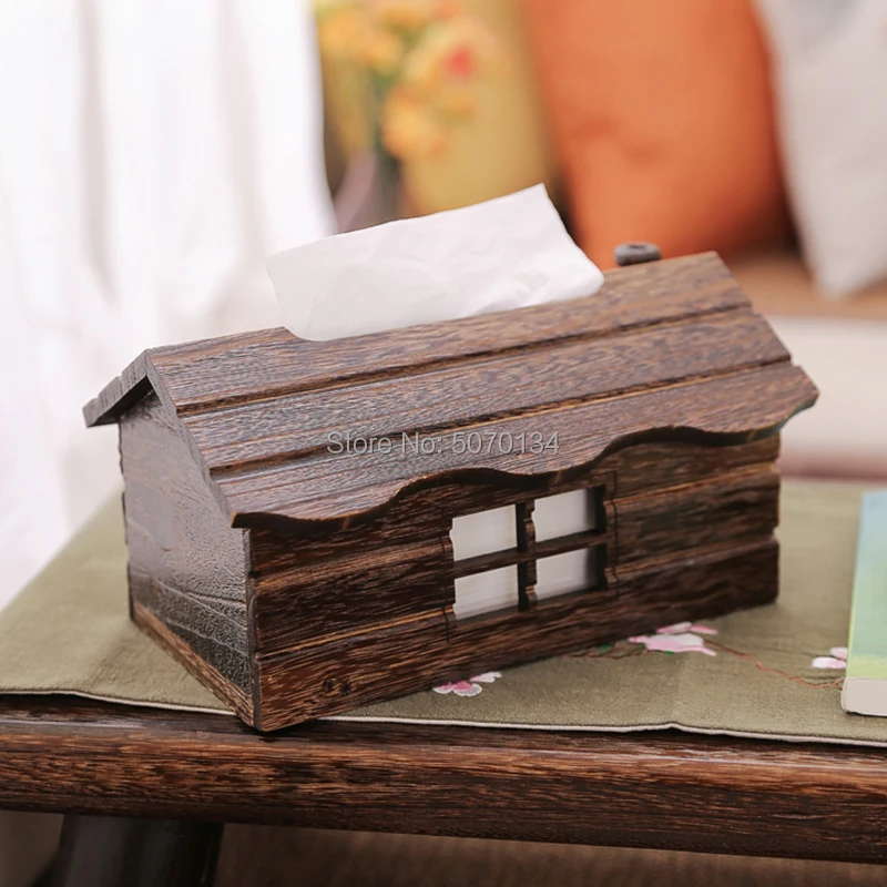 

Antique Paulownia Wood Tissue Box House Shaped Napkin Holder Container Removable High Quality