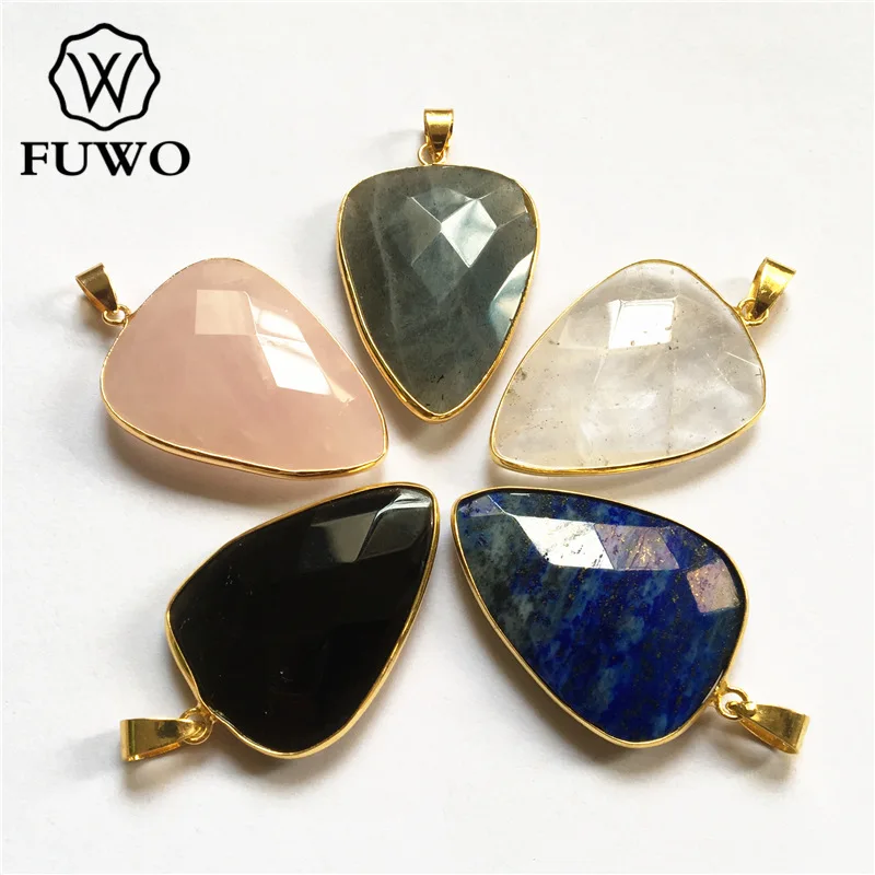 FUWO Fashion Quartz Triangular Pendant With Gold Trimmed Faceted Natural Stone Jewelry Findings Wholesale PD217 | Украшения и