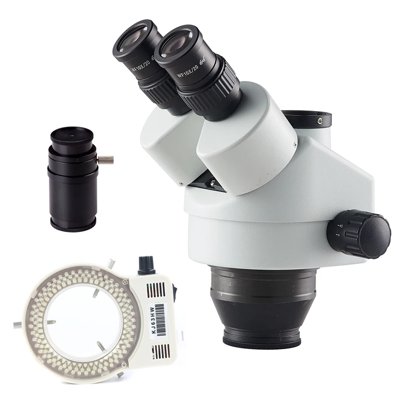 

Trinocular Stereo Microscope Head Simul Focal Continuous Zoom 7X - 45X + WF10X/20 + 144 LED Ring Light illuminator Lamp