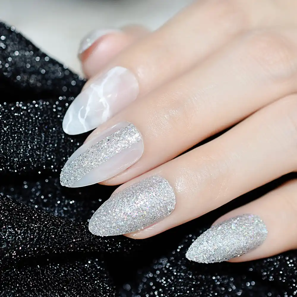 White Jade Marble Pointed Stiletto Sharp False Nail Art Tips Holo Chrome Glitter Oval Almond Press On Finger Fake Nails Manicure False Nails Aliexpress