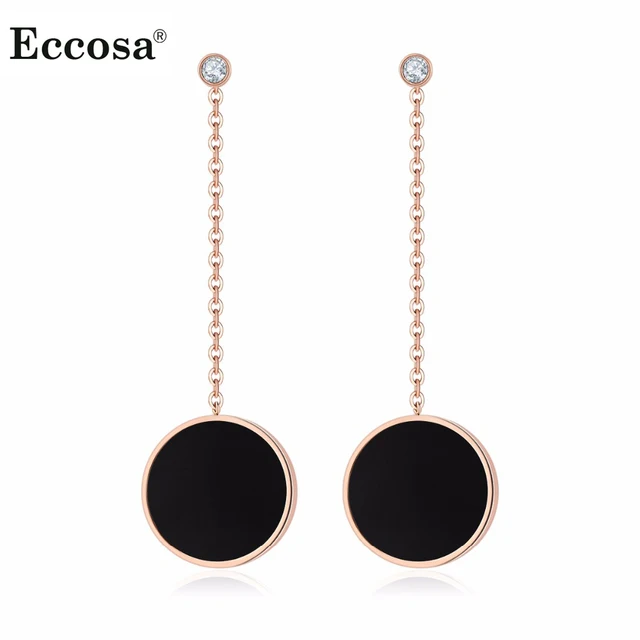 Eccosa Rose Gold Fine Chain Long Earrings For Women Stainless Steel Eccosa Rose Gold Fine Chain Long Earrings For Women Stainless Steel Drop Earring Black Circle Pendants