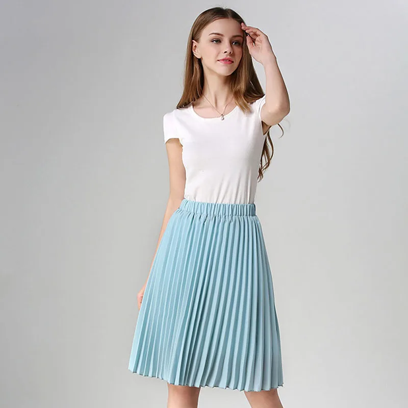 Женская шифоновая плиссированная юбка, винтажная юбка-пачка с высокой талией, женские юбки s Saia Midi Rokken, летняя стильная юбка Jupe Femme - Цвет: Небесно-голубой