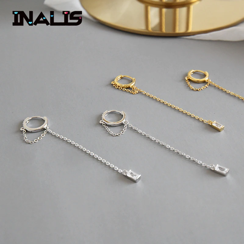 

INALIS New Unique Design S925 Sterling Silver Micro Paved Clear Tiny CZ Stone Crystal with Long Chain Pendant Drop Earrings