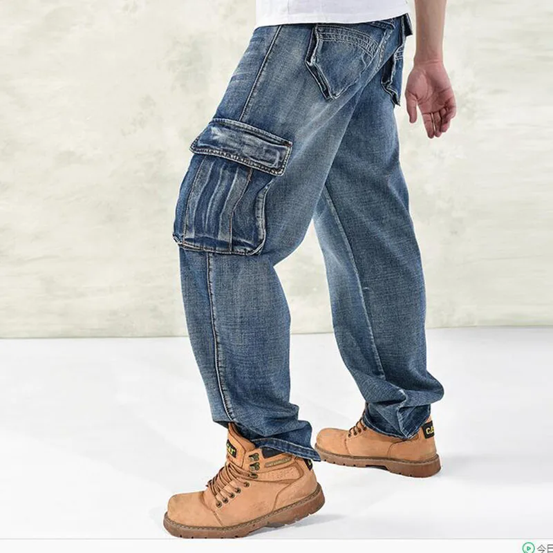Модные мужские мешковатые джинсы в стиле хип-хоп размера плюс 30-46 с несколькими карманами, мужские джинсы-карго для скейтборда, тактические джинсовые джоггеры 40 4