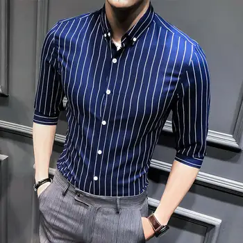 

Nicecamisa Social Masculina Brand Clothing Men Summer Casual Shirt Half Sleeve Fashion Stripe Stand Collar Social Shirts Dress 4