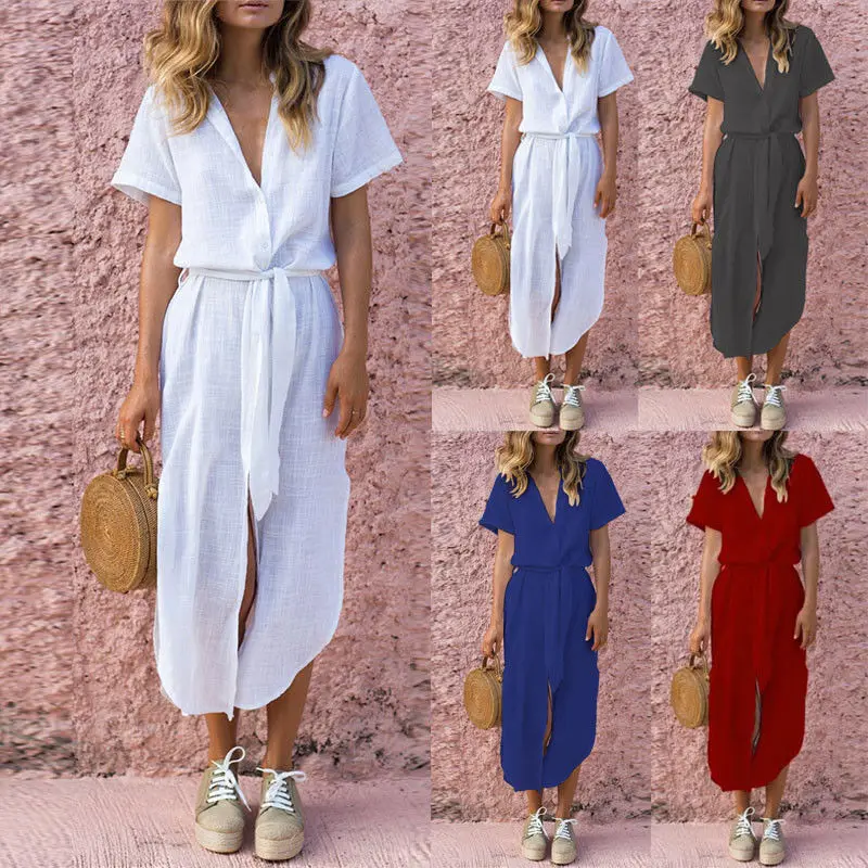 

2019 Summer Casual Women Button Short Sleeve Loose Midi Dress Solid Loose Shirt Dress With Belt Vestido