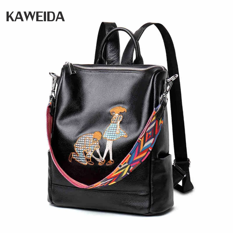 

2018 New Black Leather Backpack Women Simple Head Layer Cowhide Single Shoulder Bag Embroidery Dual-purpose Backpacks