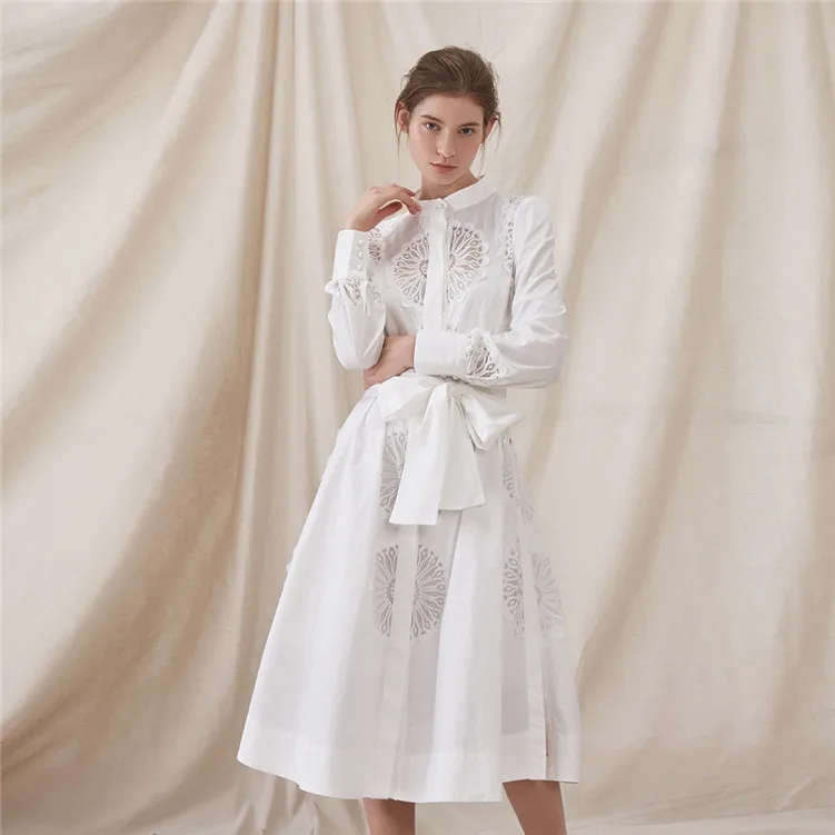 

2019 Spring New White Shirt Type Medium Length Lace Stitching Strap Dress Knee-Length Button A-Line Winter Dresses Women