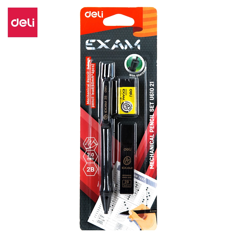 

Deli Exam Mechanical Pencil Set 2B 2.0mm With 1 EXAM black eraser 1 box of 2.0mm lead refill (4pcs) EU61021