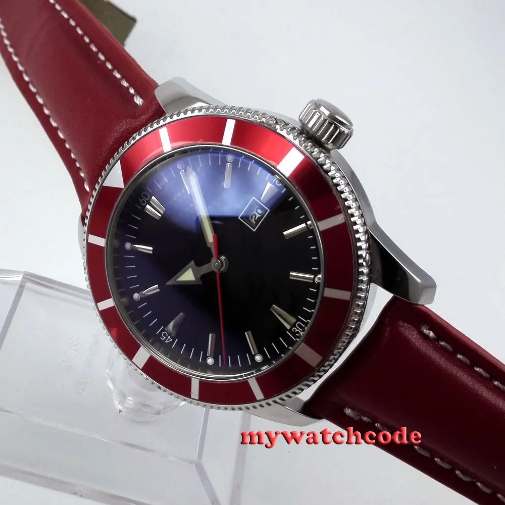 

46mm bliger black dial red bezel date window automatic mens wrist watch 472