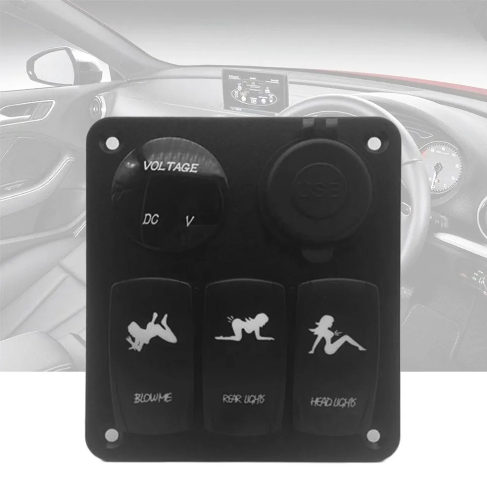 

Marine/Boat Car Combination Switch Panel 3 Gang with Cigarette Socket and Dual USB Slot Blue LED light On/Off Rocker Switch
