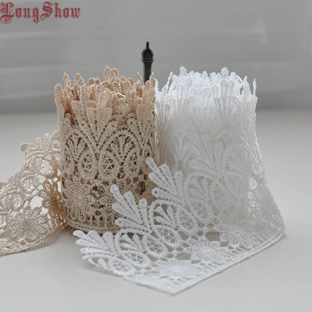 

1 Lot 15Yards 8cm Width White Light Coffee Colour 100% Polyester Embroidered Lace Trim For Apparel Decoration