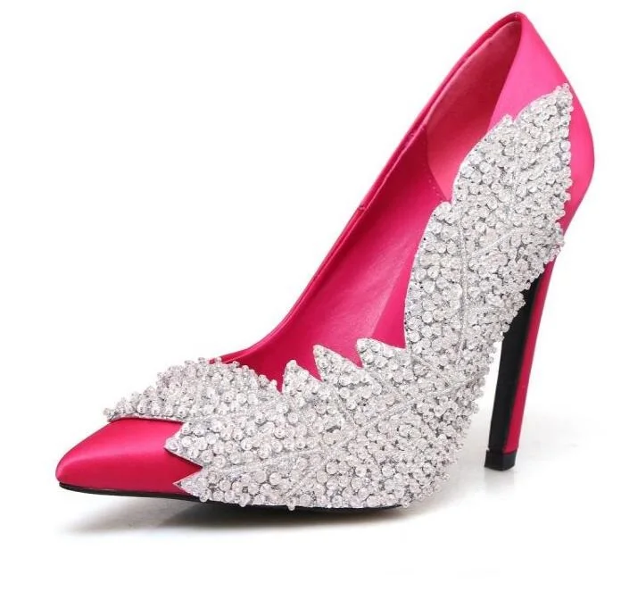 Women-Pointed-Toe-Crystal-embellished-Green-Satin-Pumps-Party-Wedding-Women-Shoes-Street-Fashion-Runways-Slip