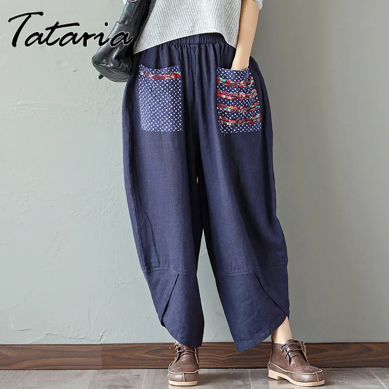 

Tataria High Waisted Pants for Women Cotton Linen Wide Leg Pants Women Loose Casual Ankle Length Pants Pantalons Pour Femmes