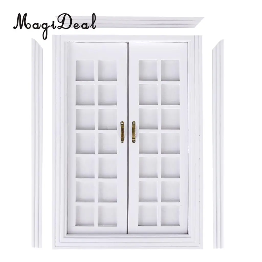 MagiDeal 1Set 1/12 Dollhouse Miniature Exterior Wooden French Door for Dolls House Bedroom Living Room Furniture Toy White