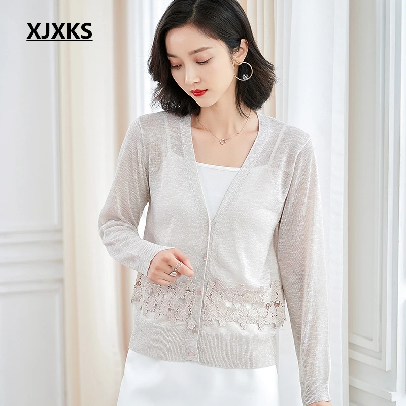 

XJXKS Young Women Cardigan Thin Transparent Casual V Neck Knitting Ladies Cardigan Sweater Long Sleeve Vintage Women Cardigans