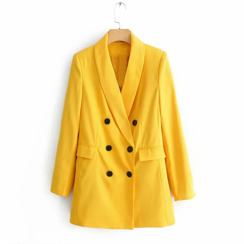 Yellow Shawl Collar Double Breasted Blazer Women Buttons Long Blazer 2019 Spring Elegant Ladies Workwear Solid Jackets AO922