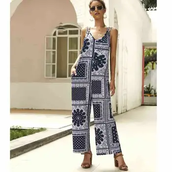 

Fashion Ladies Summer Print Pattern Jumpsuit Women Cotton Sleeveless V-neck Wide Leg Long Pant New Style