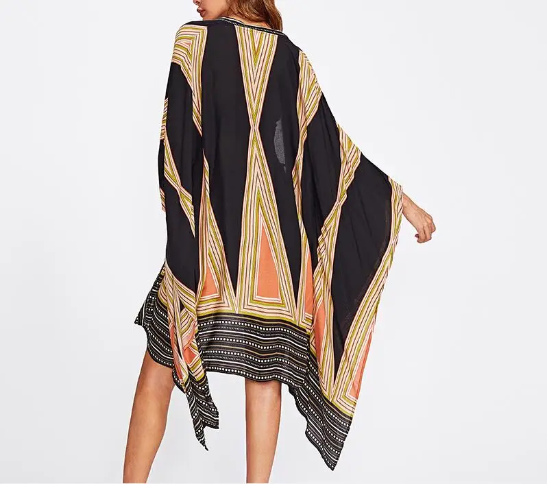 Boho Long Blouse 2018 Women Multicolor Vintage Geo Print Casual Summer Tops Fashion New Loose Beach Long Sleeve Kimono