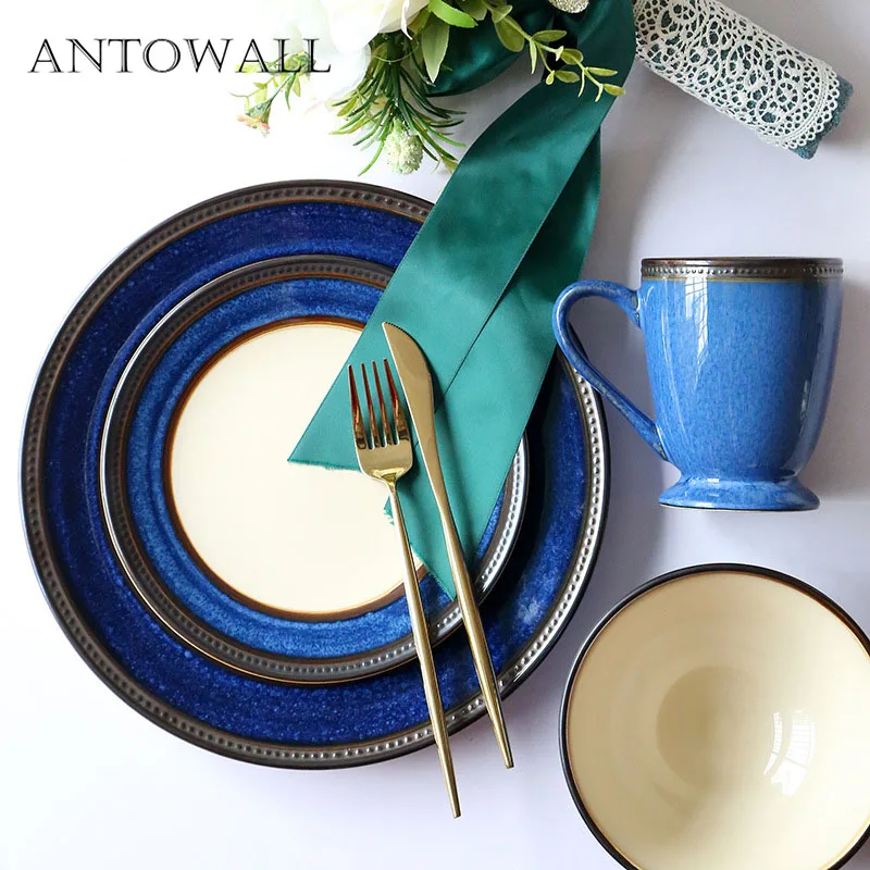 

ANTOWALL Cobalt blue glaze European retro bowl plate set creative tableware home Western dish salad bowl breakfast mug