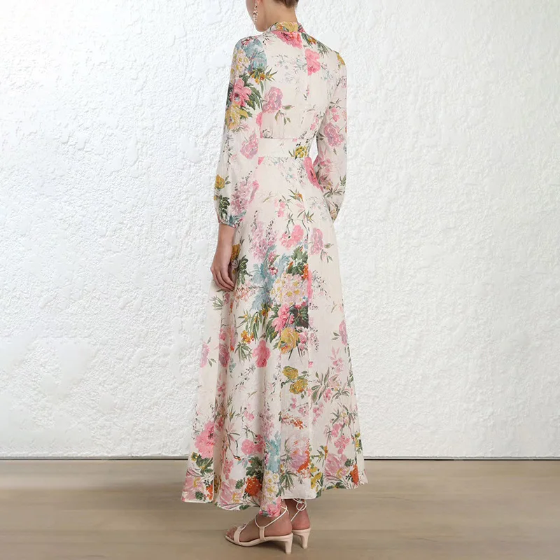 TANG 2019 Summer Elegant Deep V-Neck Women Dress Floral Print Maxi Dress Lantern Sleeve Slim High Waist Dress  (3)