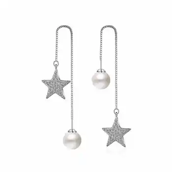 

Luxury Classic Long Chain Earrings Round Pearl Drop Wedding Jewelry For Women Star 925 Sterling Silver Party Jewelry Gifts