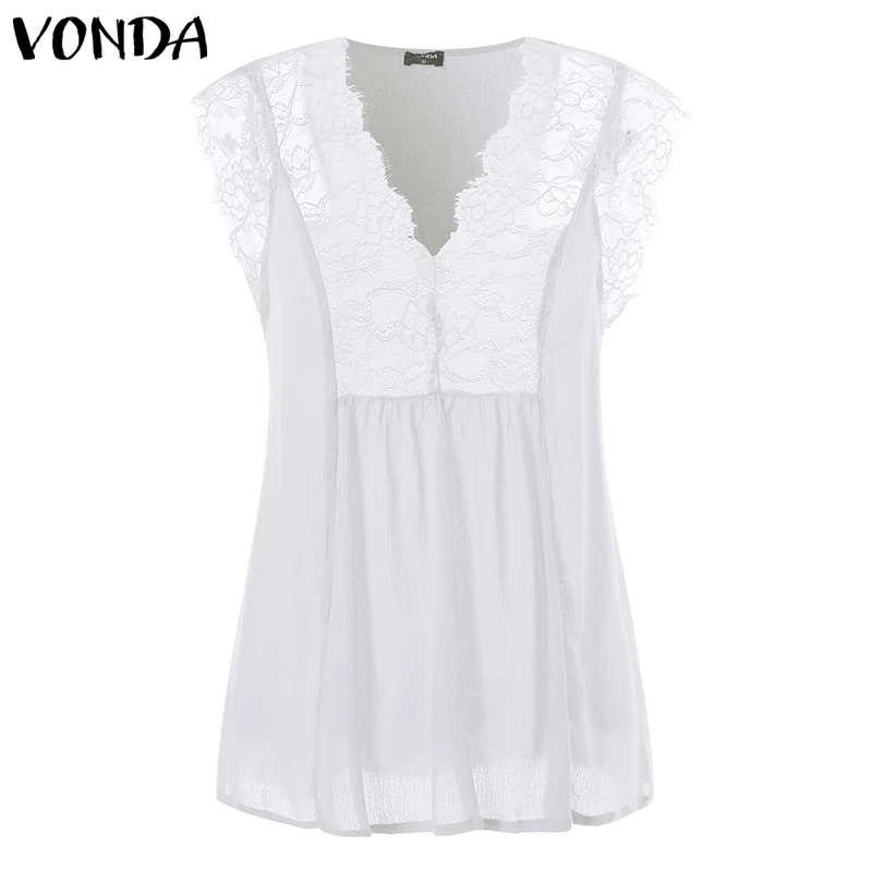 

Sexy Lace Blouses Women 2019 Summer VONDA Sleeveless White Tops And Blouse Femme Casual Loose Elegant Blusas Vintage Shirts 5XL