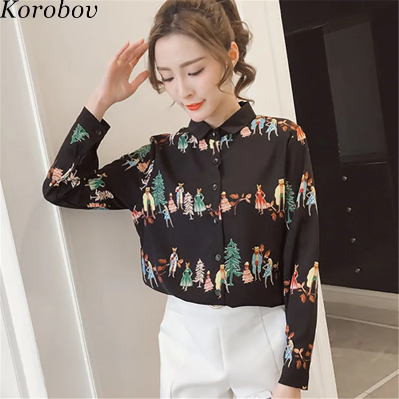 

Korobov Women 2019 New Cartoon Printed Blouse Auttum Bottom Chiffon Blusas Single Breasted Turn_down Collar Shirt Mujer 76343