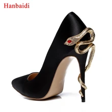 Hanbaidi Satin Gold mental snake heel dress shoe women unique silk genuine leather pointed toe high heels pumps chaussures femme
