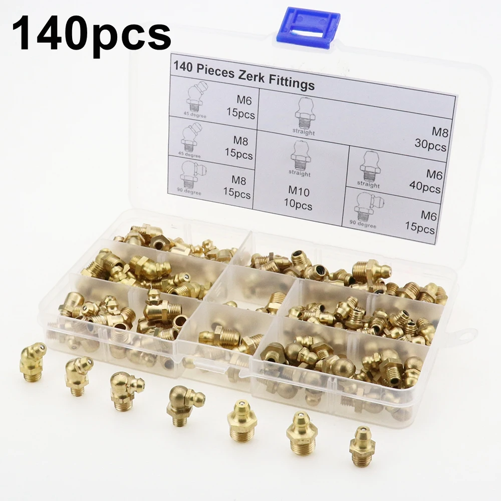 140pcs Brass Zerk Grease Nipple Fitting Assortment Kits(M6/M8/M10)in