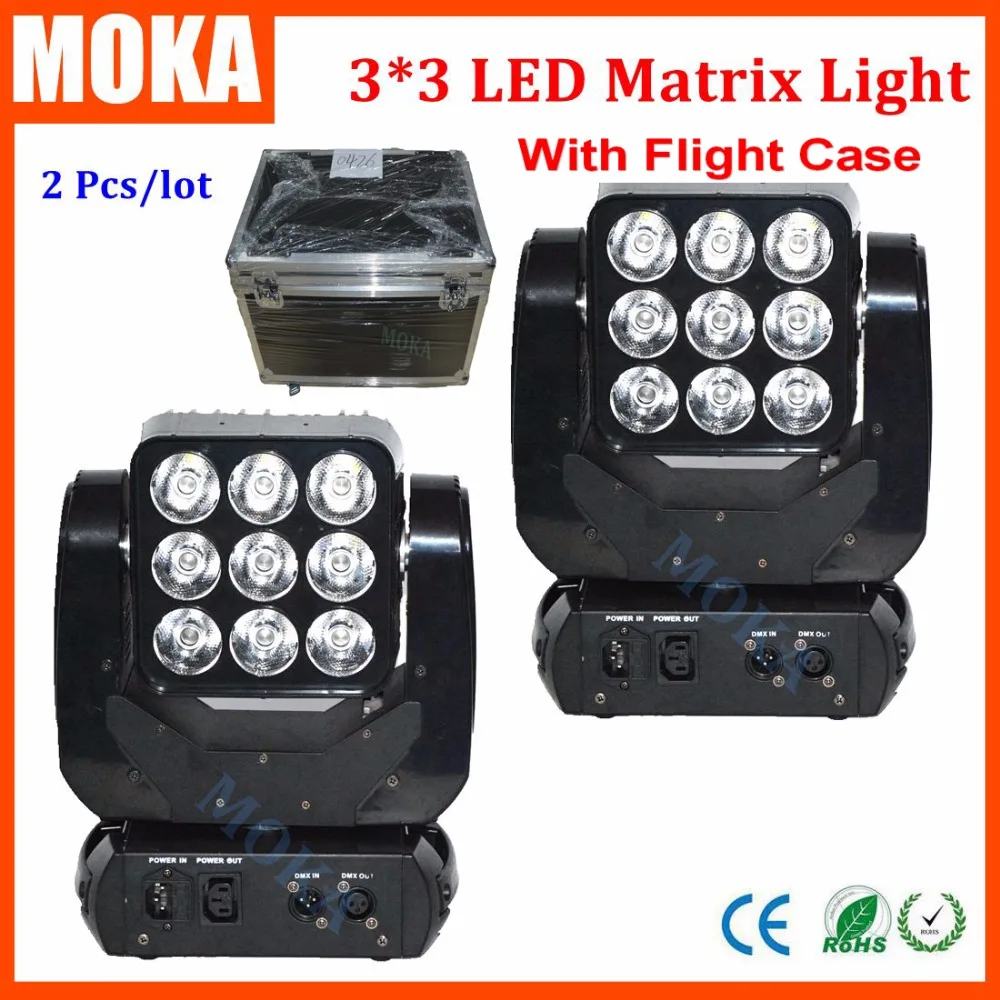 

2PCS/LOT DMX512 8 Beam Angle Degree 3*3 Led 9*10w 4 In 1 GRBW Effect Mini Matrix Moving Head Light Packing With Fly Case