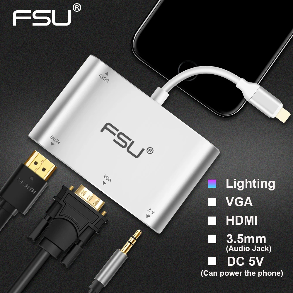 HDMI VGA 3 5 мм аудио видео адаптер кабель DC питание конвертер для iPhone X 8P 8 7P 7 6 6S Plus