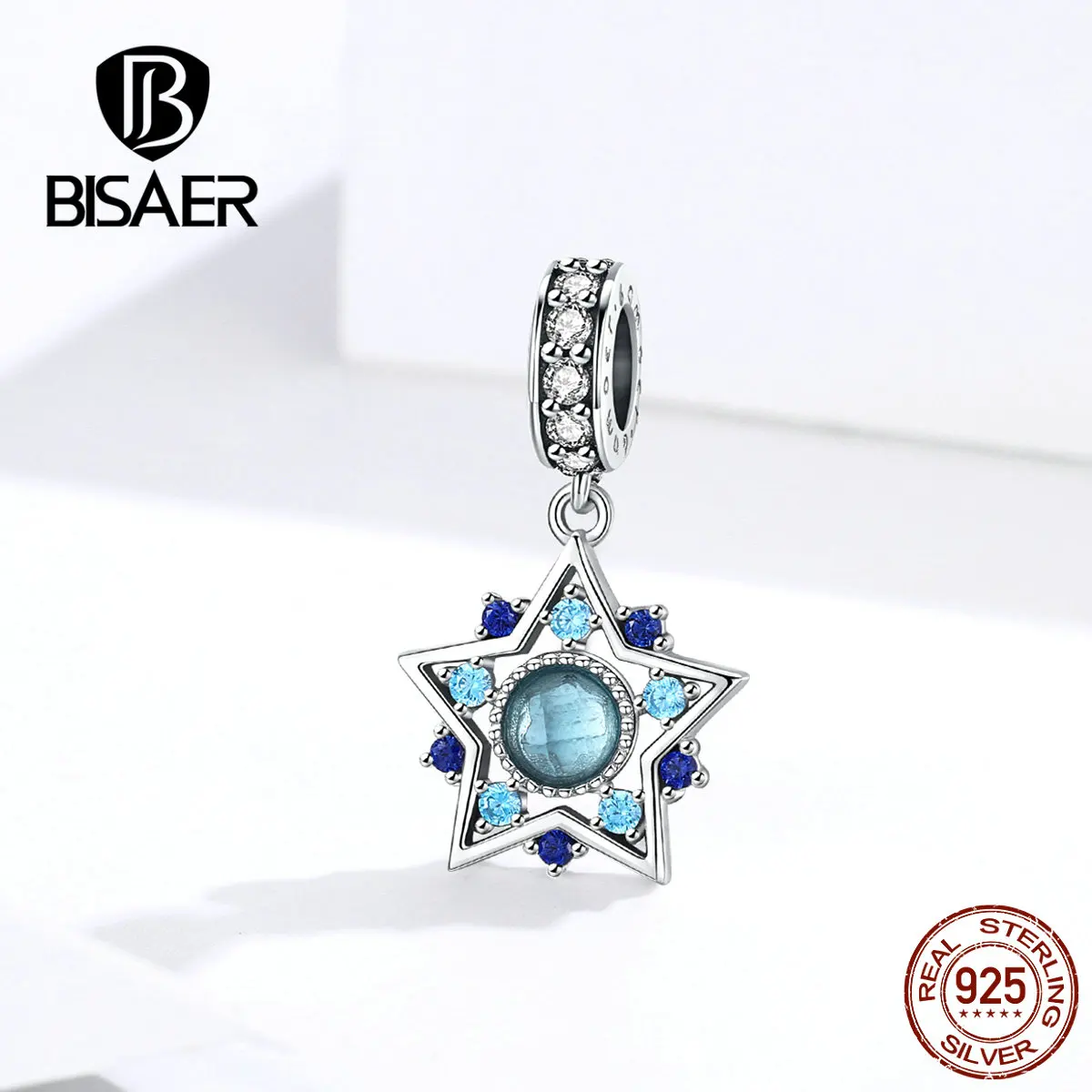 

BISAER Blue Zircon 925 Sterling Silver Blue Star Geometric Shape Charms Beads fit original DIY Bracelets Jewelry Making EFC099