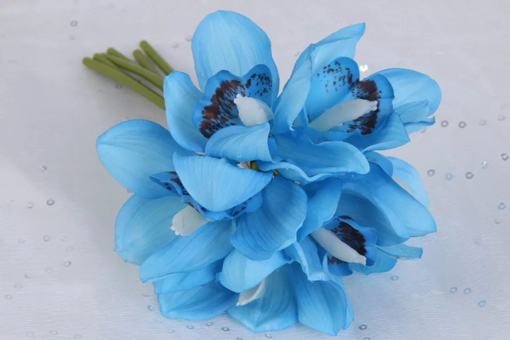 Flone 6 Heads Artificial Cymbidium Flowers Simulation Orchid Bouquet Real Touch Fake Flowers For Wedding Home Party Decoration (15)