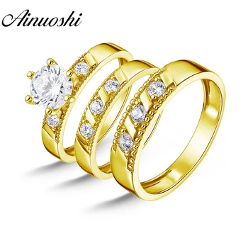 

AINUOSHI Real Gold TRIO Rings Beads Setting 3 Stone Engagement Ring 14K Solid Yellow Gold Couple Wedding Rings Bridal Rings Set