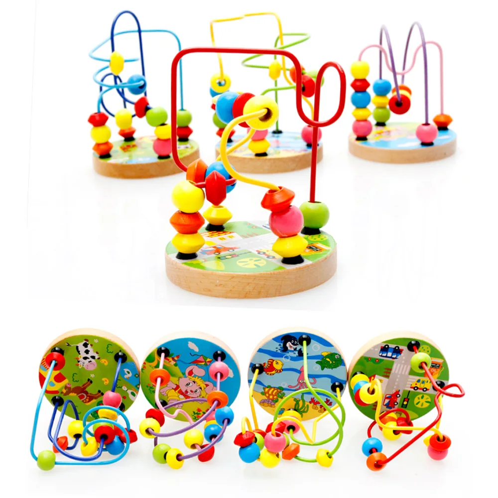 

New Hot Rowsfire Mini Around Beads Wire Maze Montessori Educational Game Beech Wooden Toy For Baby Kids Children