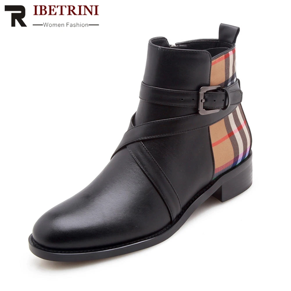

RIBETRINI Size 34-43 Vintage Low Square Heels Round Toe Platform Genuine Leather Shoes Woman Short Ankle Boots