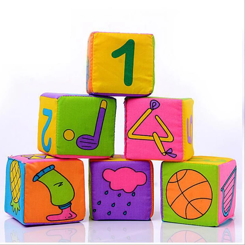 

6Pcs/Set 0-12 Months Baby Cloth Blocks Digital/Fruit/Sport Pattern Activity Cloth Baby Toys Soft Educational Rattles Cube Toy