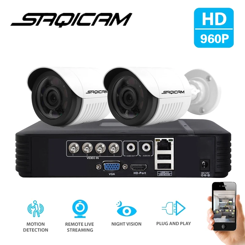 SAQICAM 4CH CCTV System 960P AHDH 1080N CCTV DVR 2PCS 1200TVL IR Waterproof Outdoor Security Camera Home Video Surveillance kit