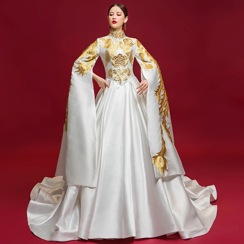 Роскошное китайское вечернее платье с вышивкой Cheongsam,, модное китайское платье с рукавами-колокольчиками и Фениксом, Ципао, современный Восточный стиль, белые платья - Цвет: White
