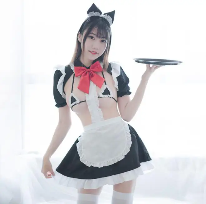 

Sexy Cute Girls Maid Style Bikini Shirt Skirt Set Women's Exotic Apparel Set Color Black & White