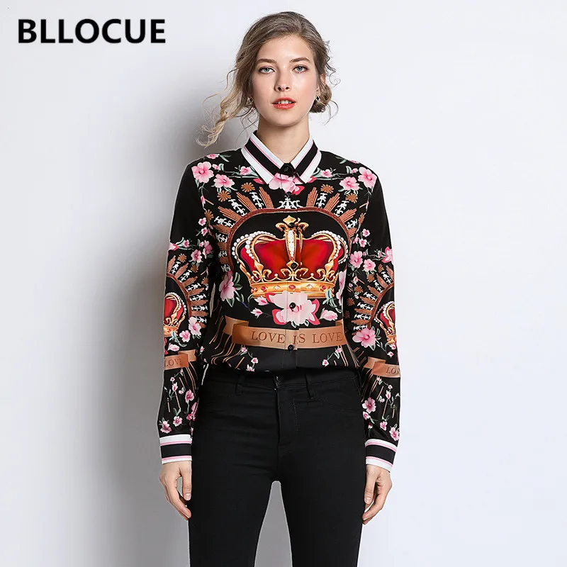 

BLLOCUE High Quality Fashion Flower Crown Printed Shirt 2019 Autumn Women's Long Sleeve Casual Blouse Runway Designer Office Top