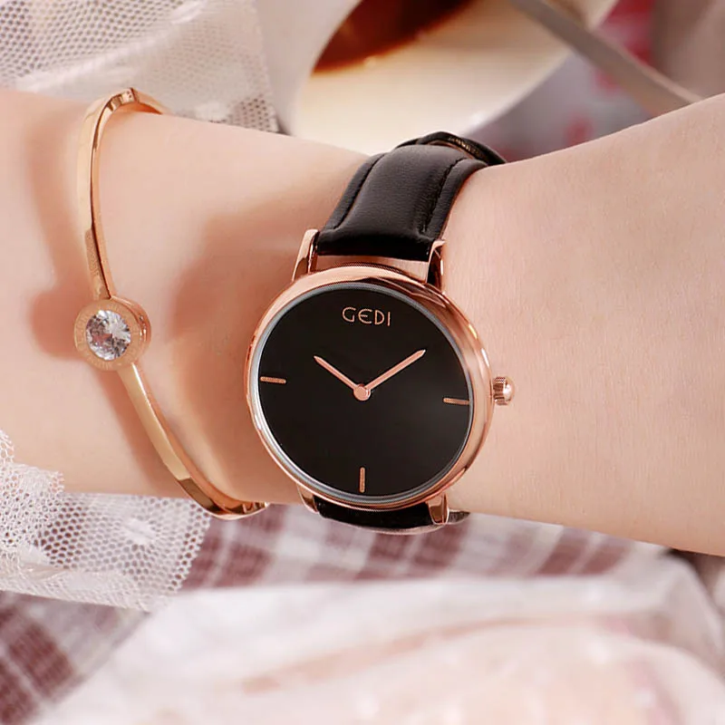 GEDI модные женские часы новые женские наручные часы циферблат Кожаный ремешок женские наручные часы reloj mujer - Цвет: Black