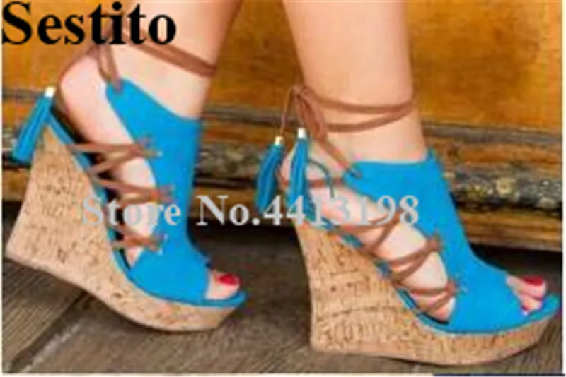 

2019 European Fashion Fringe Cross-Tied Strap Ankle Strap platform Peep Toe High Wedges Heel Sandals Lace-Up Summer Women Shoes