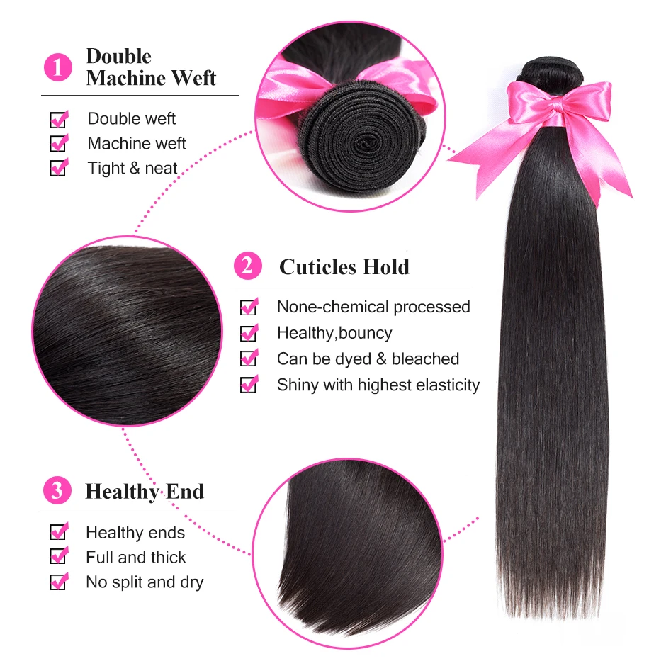  ISEE HAIR Brazilian Straight Hair Extensions Remy Hair Weave Bundles Nature Color 3 Bundles Thick S
