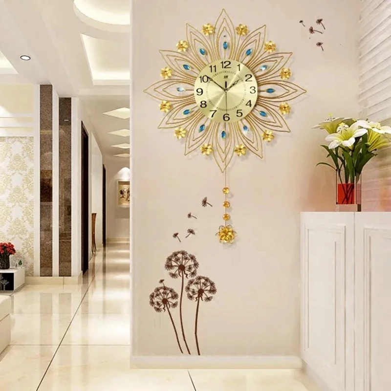 

3D Big Swing Wall Clock Modern Design Home Decor Wall Watches Living Room 28pcs Acrylic Diamonds Wrought Iron Silent Clock