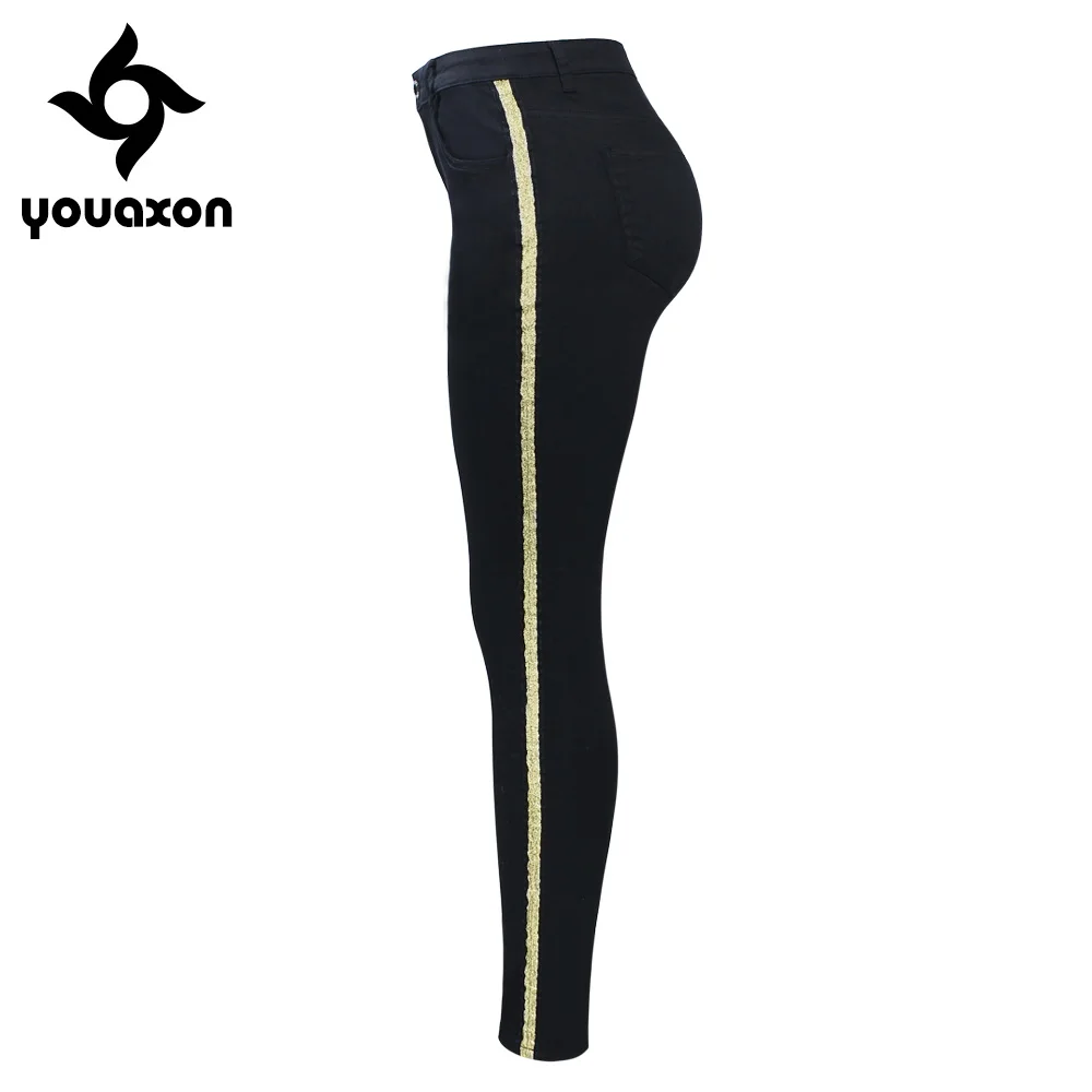 Womens Black Jeans with Golden Side Stripe Woman Stretchy Denim Skinny Pencil Pants Trousers
